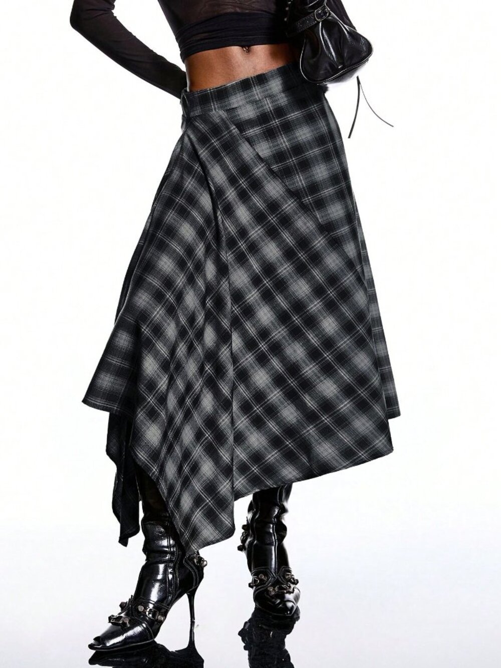 Navy Blue Casual Women's Asymmetrical Hem Plaid Long Skirt